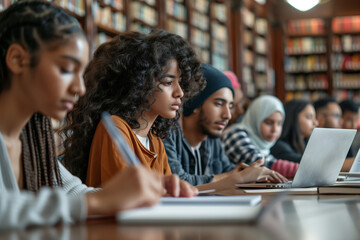Photo of Multi-Ethnic Group of Students university or college studying seriously in a library reading room, using laptop and learning online, writes Notes for the Paper, Essay, Exa