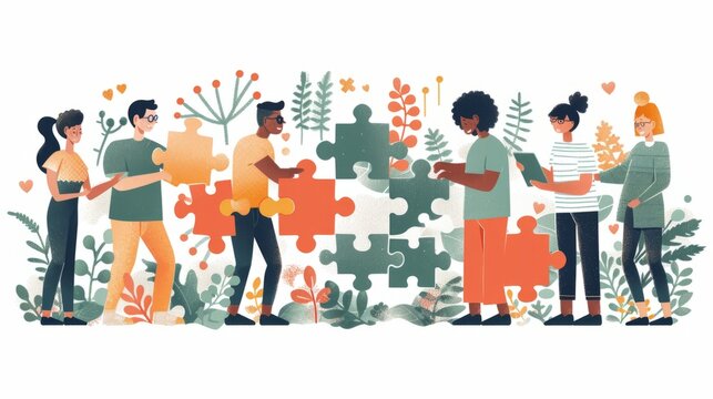 A group of people are working together to solve a puzzle. The puzzle is made up of many pieces, and the people are all focused on putting it together. Scene is collaborative and cooperative