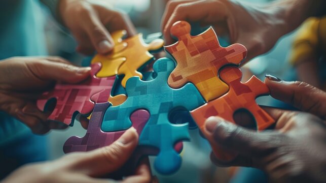 A group of people are holding a jigsaw puzzle together. The puzzle is colorful and has a unique design. The people are working together to complete the puzzle, which could symbolize teamwork