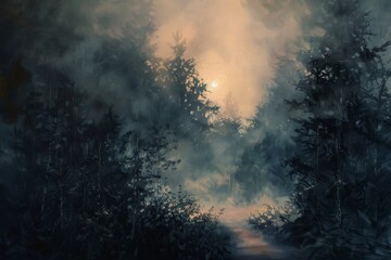 Fototapeta premium A painting of a forest with a path through it
