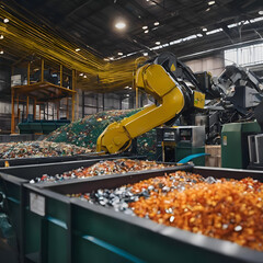 Modern Recycling Facility: Automated Robot Arm Sorting Materials Efficiently