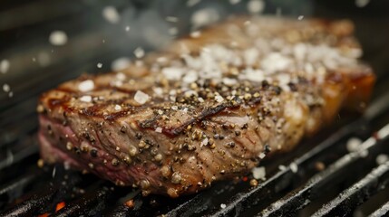 A steak being seasoned with sea salt and black pepper before grilling, showcasing the simplicity of classic seasoning.