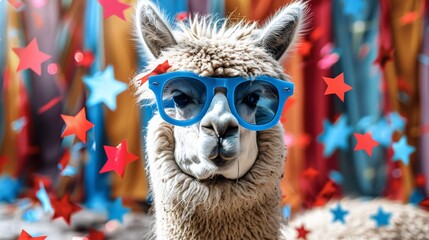 Naklejka premium Cute funny llama alpaca with blue star shaped glasses. with red and blue confetti in the background. Generative AI.