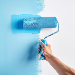 Person Using Blue Paint Roller to Paint Wall