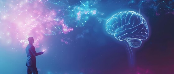 A businessman interacts with a digital brain, exploring the complexities of Artificial Intelligence, Sharpen banner template with copy space on center
