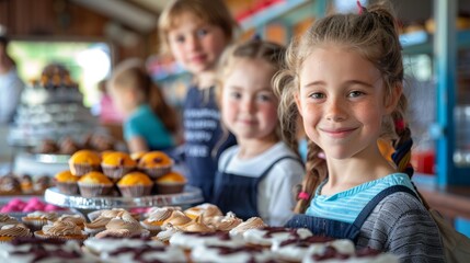 A group of children are smiling and posing in front of a table full of cupcakes. Scene is happy and cheerful, as the children seem to be enjoying themselves and the treats