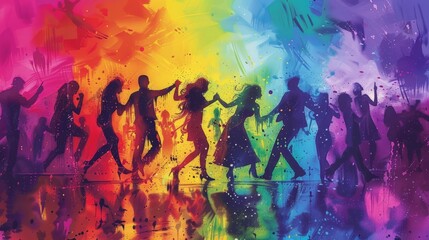 A group of people are dancing in a rainbow of colors. Scene is lively and energetic