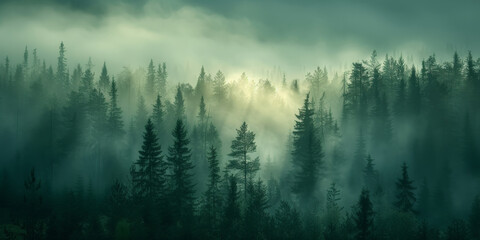 Obraz premium mist in the forest, green misty forest trees with fog, nature background, misty morning in the forest, 