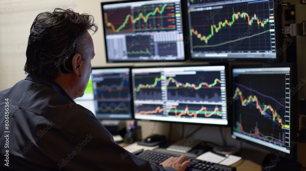 Poster A stock market trader analyzing charts and graphs on multiple computer screens, monitoring market trends for profitable investments.