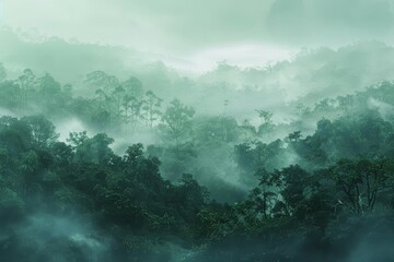 A serene landscape depicting a lush forest in the early morning mist embodies a Creative Banner of environmental beauty