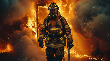 A firefighter exiting burning building with fire axe, heroic pose. Generative AI.