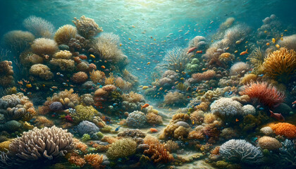 Fototapeta premium Sunlit Coral Haven: Tranquil Underwater Landscape Illuminated by Dappled Sunlight