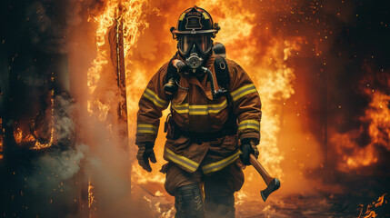 A firefighter exiting burning building with fire axe, heroic pose. Generative AI.