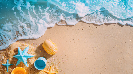 Summer seasonal background design with copy-space for text at center. Template for summer with sea, wave, sand, beach, shore, seashells, shovel and bucket set in top view. Vivid blue sea color.