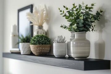 Fototapeta na wymiar flowers pots on wall shelf