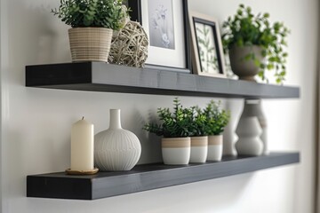 plants ports and picture frames on shelves on the wall