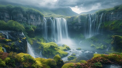 Fototapeta premium A big waterfall, high angle, natural light, cascading waterfalls and green vegetation, magnificent scenery. After the rain, the weather was cloudy, the background was blue mountains. Generative AI.