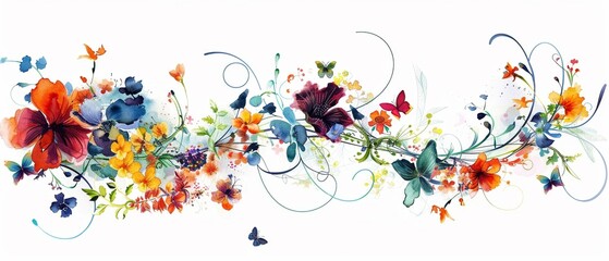 Clipart of a mystical watercolor garden with fractal vines intertwining amongst colorful flowers