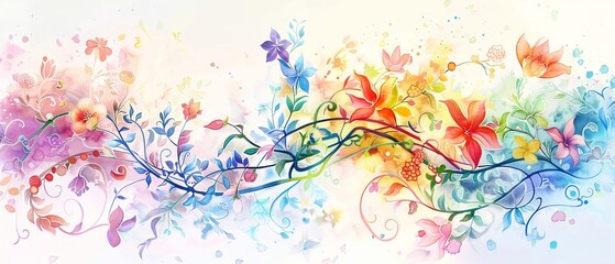 Clipart of a mystical watercolor garden with fractal vines intertwining amongst colorful flowers