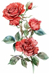 Elegant roses with fractal-enhanced leaves and stems presented as watercolor clipart