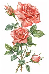 Elegant roses with fractal-enhanced leaves and stems presented as watercolor clipart