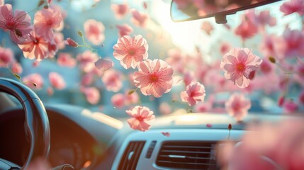 Fresh pink flowers fly around in an aroma air freshener in car. Generative AI.