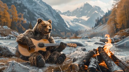 a bear with a guitar near the fire