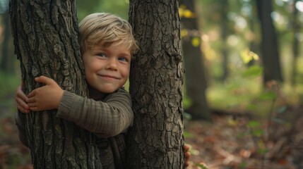 The sincere smile of a child hugging the trunk of a towering tree in a lush forest.