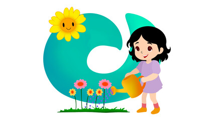 Young girl watering plants, Cute funny young woman with watering can taking care, Happy woman watering plants in garden, Watering can on the garden, eco green
