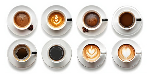 set of different coffee cups on white background , top view