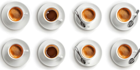 set of different coffee cups on white background , top view