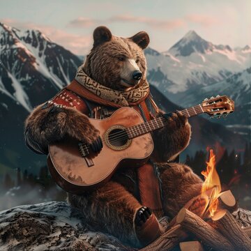 a bear with a guitar near the fire