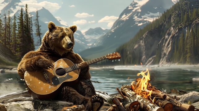 a bear with a guitar near the fire
