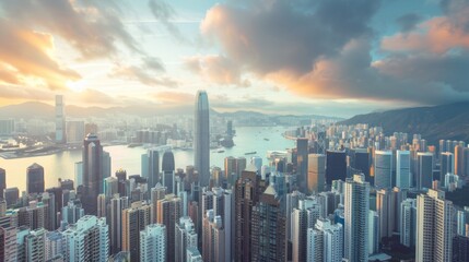 A towering skyscraper standing tall amidst a sea of modern buildings in a bustling city center, symbolizing progress and prosperity.
