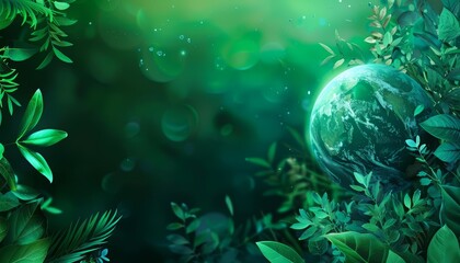 Ecology themes merge with technology as Earth globe illustrations with plants underscore the futuristic science research banner, Sharpen banner template with copy space on center