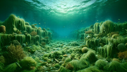 Verdant Undersea Landscape: Lush Seabed Covered in Coral and Marine Flora