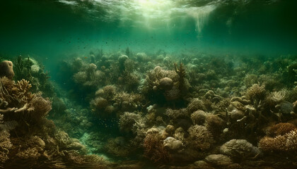 Underwater Serenity: Sunlight Filtering Through a Lush Coral Reef
