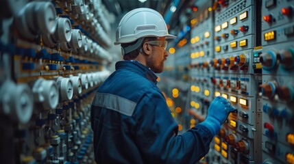 Naklejka premium Side view or back view of professional electrician working seriously in switchboard with electrical connection cables, wearing white safety helmet and blue overalls, electrician repairing,blue gloves