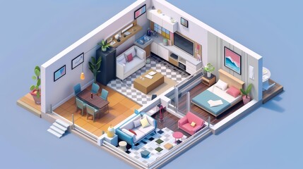An isometric 3D design of a house interior offers a detailed look at a modern, welldecorated home that combines style with functionality, Sharpen banner with space for text