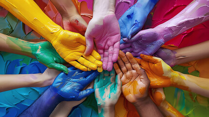 Unity in Diversity: Colorful Hands United. Multiple hands adorned with vibrant paint converge as a representation of unity and diversity, commemorating community and creativity.