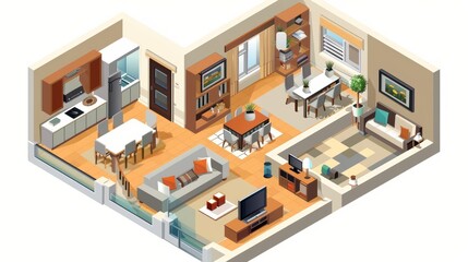 An isometric 3D design of a house interior offers a detailed look at a modern, welldecorated home that combines style with functionality, Sharpen banner with space for text