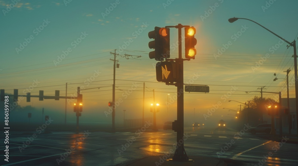 Aufkleber a traffic light intersection at dawn, with soft morning light casting a golden hue on the signal lig