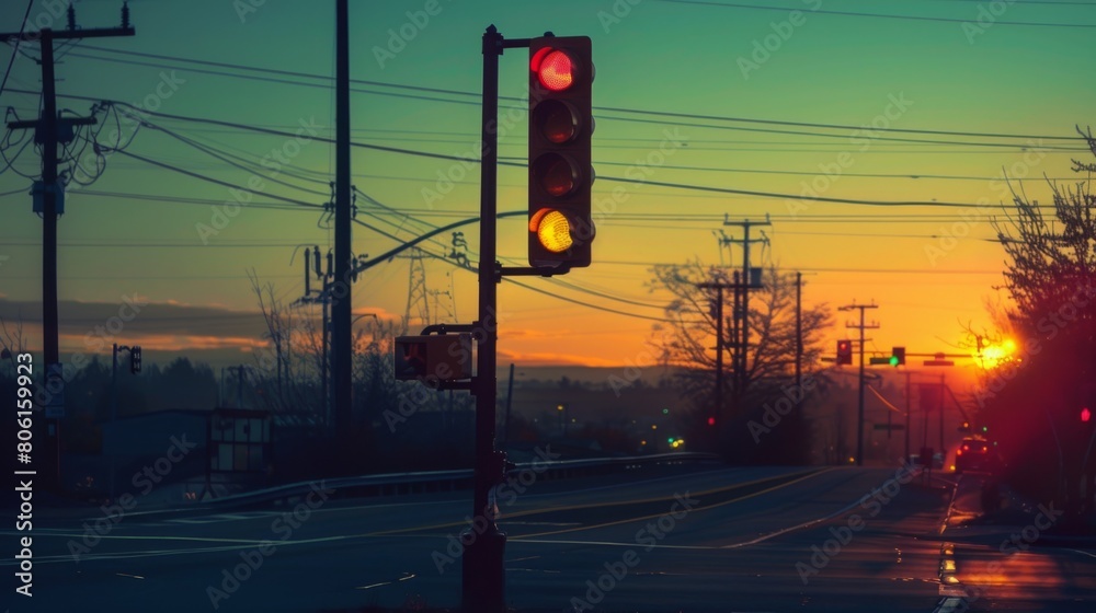 Aufkleber a traffic light intersection at dawn, with soft morning light casting a golden hue on the signal lig
