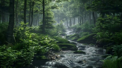  A bubbling brook winding through a dense forest. . 
