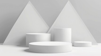 Realistic white, gray 3D cylinder stand podium with triangle overlap background, luxury geometric forms,Abstract minimal scene for mockup products, Round stage for showcase, promotion display