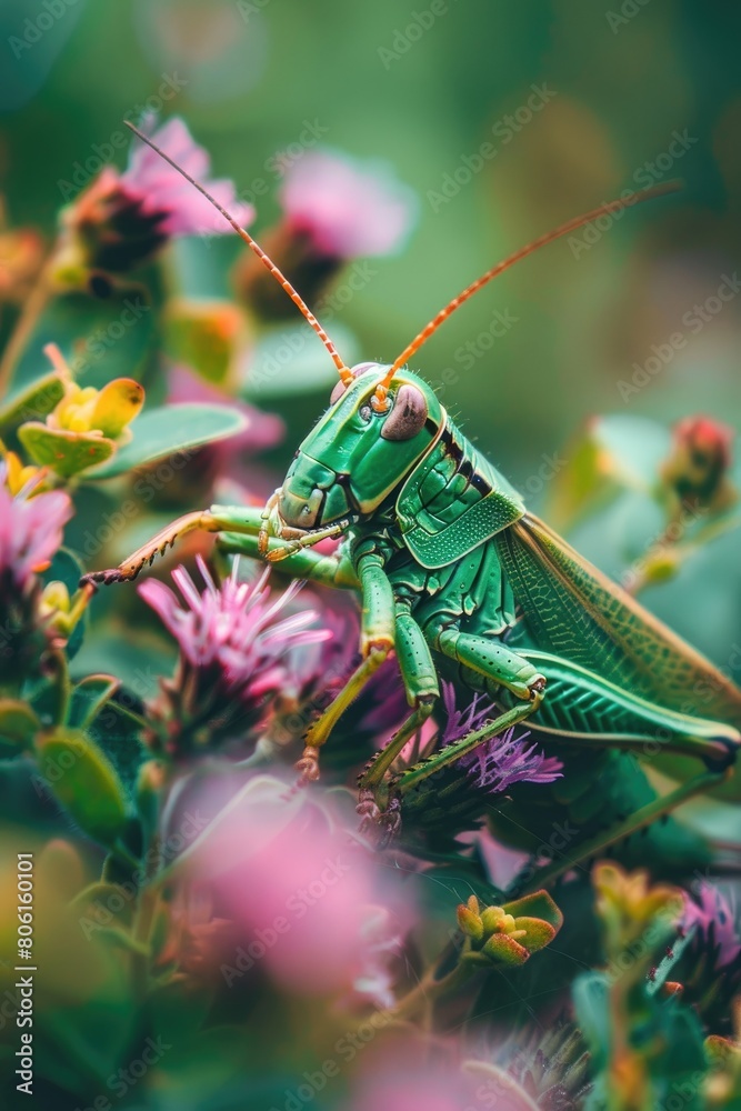 Poster green grasshopper nature closeup. selective focus