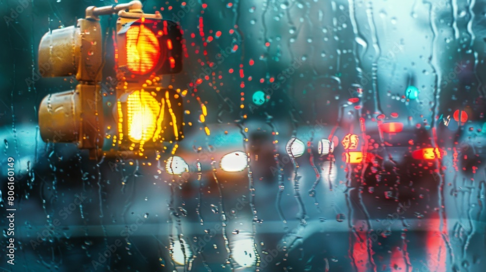 Aufkleber a traffic light reflection on a rainy street, adding a surreal ambiance as vehicles navigate through