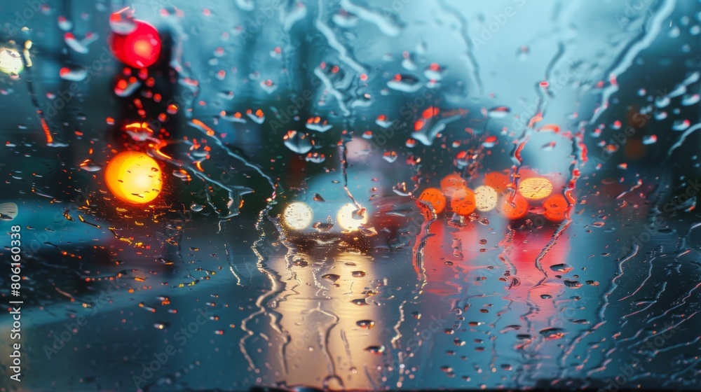Aufkleber a traffic light reflection on a rainy street, adding a surreal ambiance as vehicles navigate through