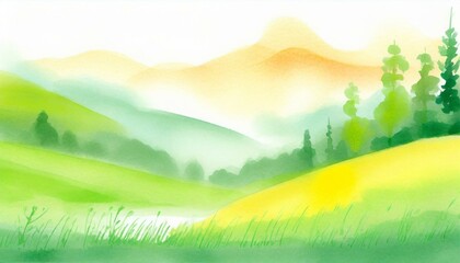 Obraz premium 真夏、草の香り、心地よい暑さ、森林をシンプルに絵具で表現する generated by AI