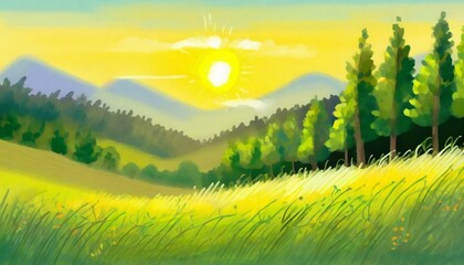 真夏、草の香り、心地よい暑さ、森林をシンプルに絵具で表現する generated by AI